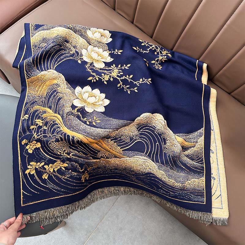 Nimara Ritual Fall Lotus Flowers Ocean Waves Pattern Soft Scarf Tassel Shawl