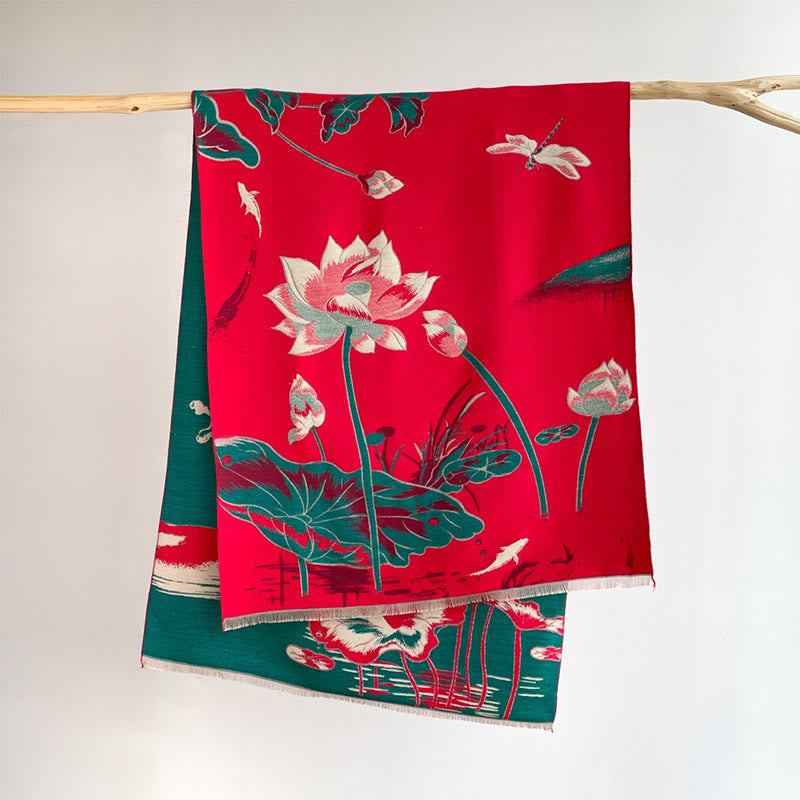 Nimara Ritual Fall Lotus Koi Fish Dragonfly Pattern Cozy Scarf Shawl