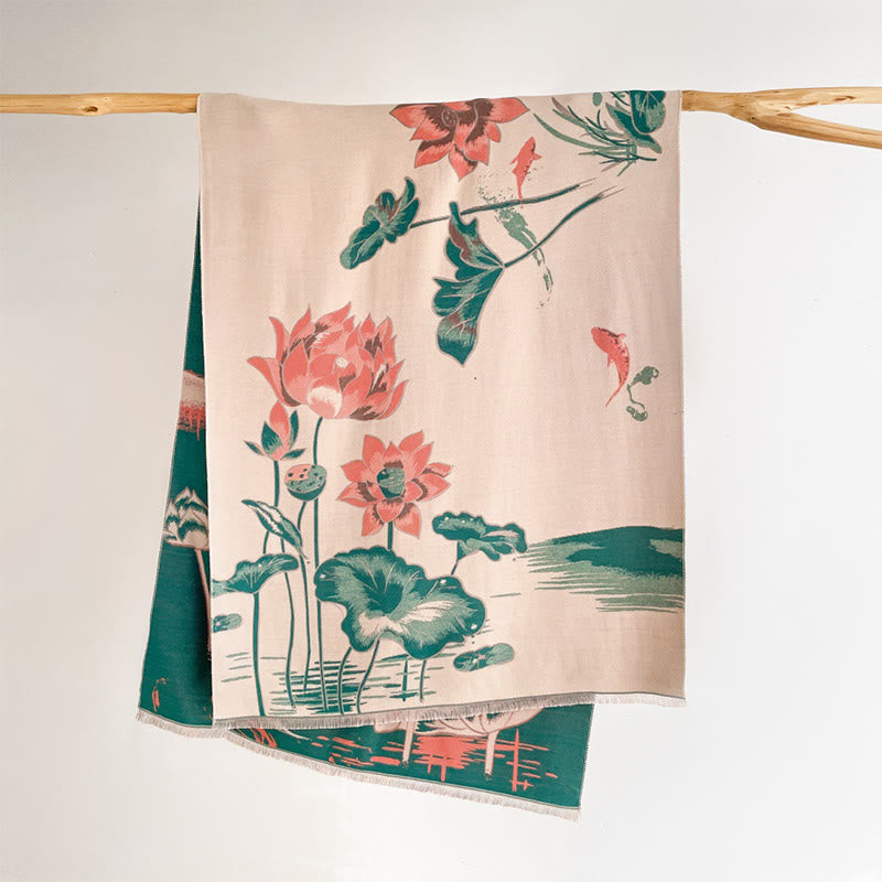 Nimara Ritual Fall Lotus Koi Fish Dragonfly Pattern Cozy Scarf Shawl