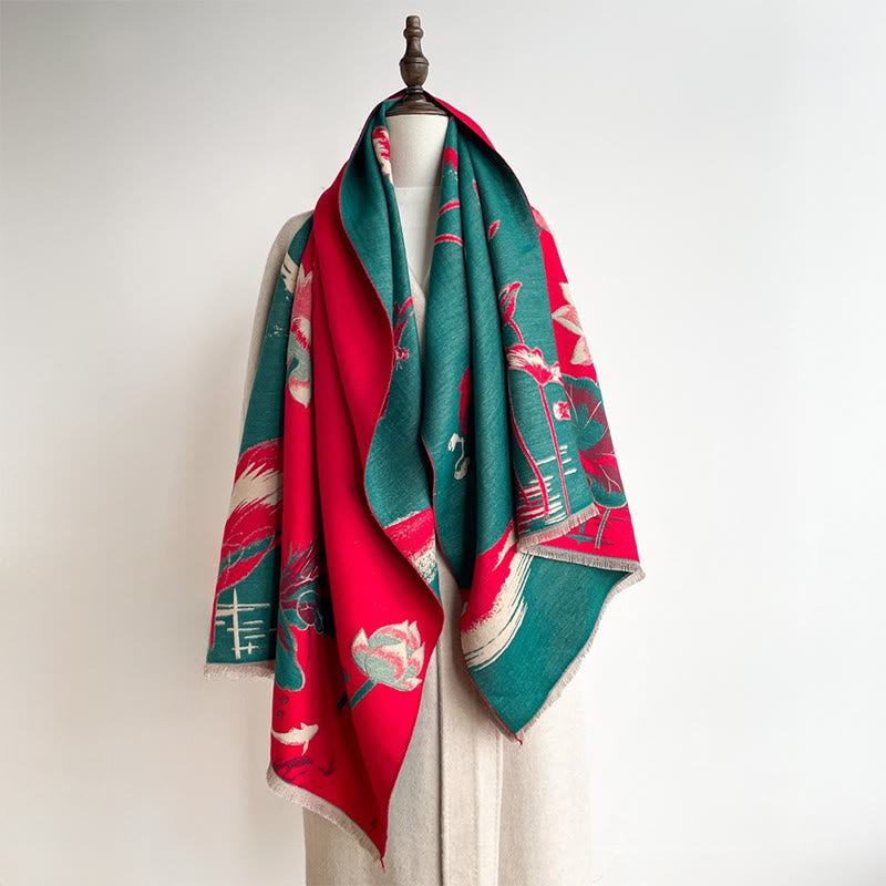Nimara Ritual Fall Lotus Koi Fish Dragonfly Pattern Cozy Scarf Shawl