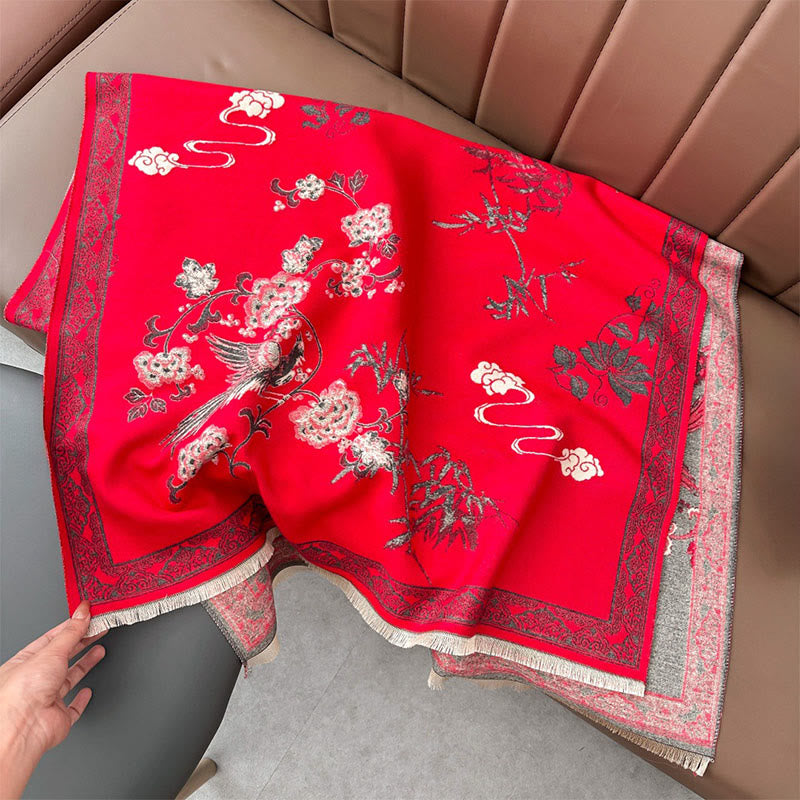 Nimara Ritual Winter Birds Bamboo Leaves Vines Pattern Soft Scarf Shawl
