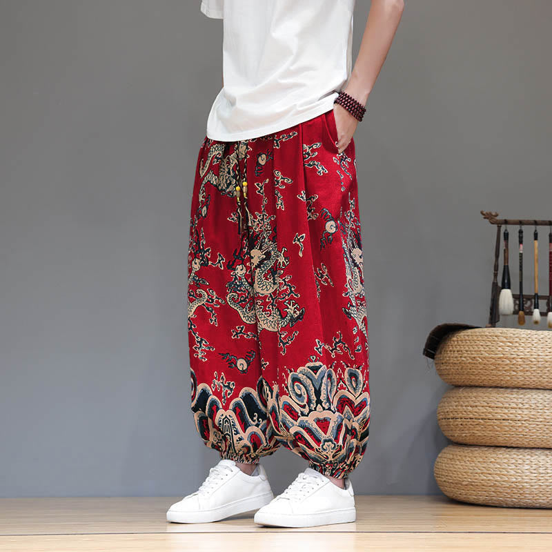 Nimara Ritual Summer Dragon Drawstring Design Cotton Linen Men's Harem Pants With Pockets