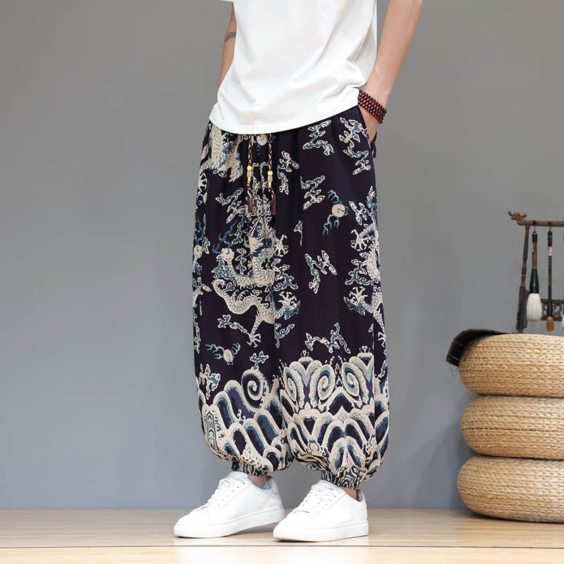Nimara Ritual Summer Dragon Drawstring Design Cotton Linen Men's Harem Pants With Pockets