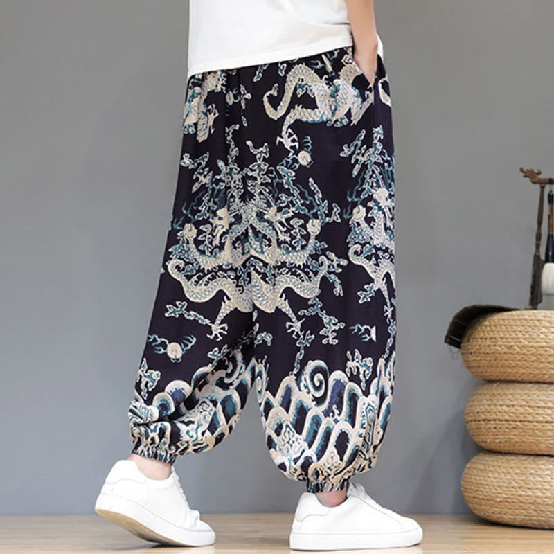 Nimara Ritual Summer Dragon Drawstring Design Cotton Linen Men's Harem Pants With Pockets