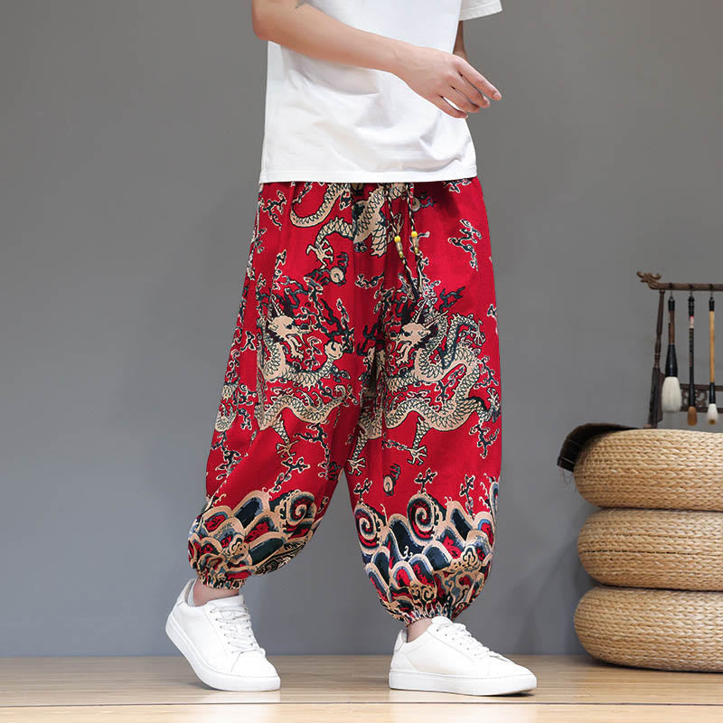 Nimara Ritual Summer Dragon Drawstring Design Cotton Linen Men's Harem Pants With Pockets