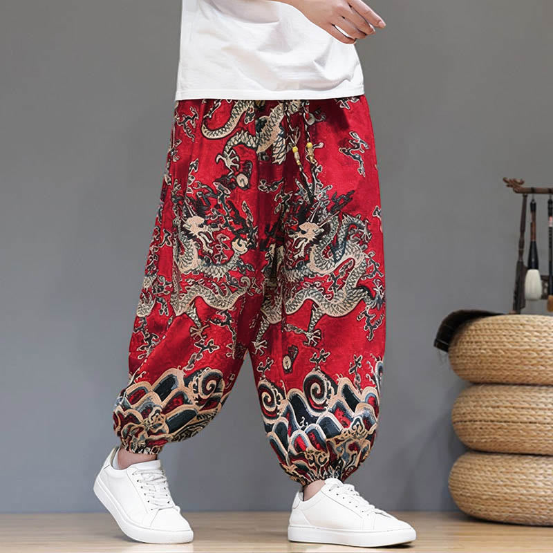 Nimara Ritual Summer Dragon Drawstring Design Cotton Linen Men's Harem Pants With Pockets
