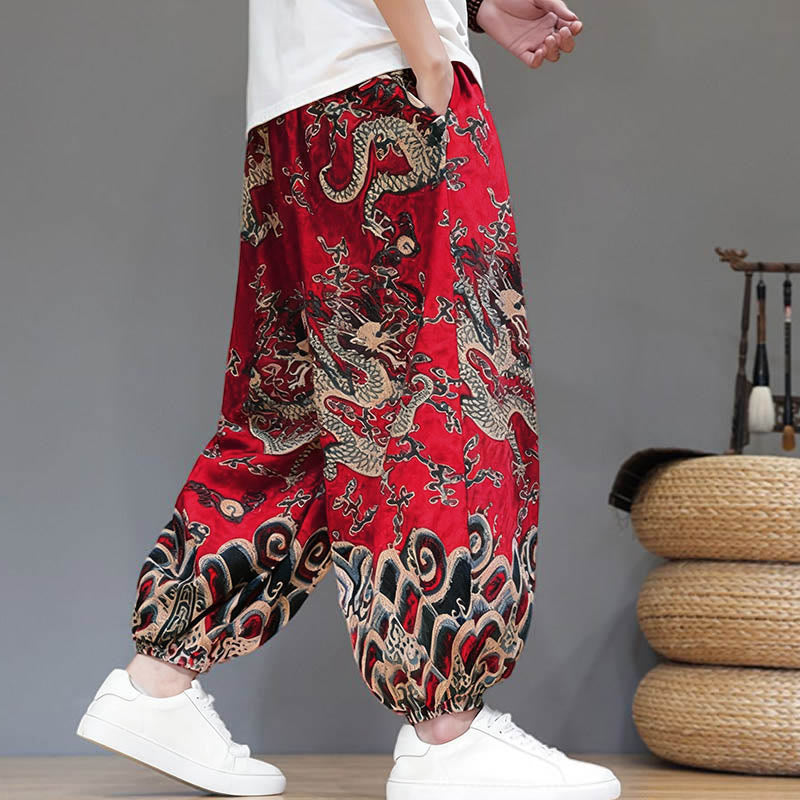 Nimara Ritual Summer Dragon Drawstring Design Cotton Linen Men's Harem Pants With Pockets