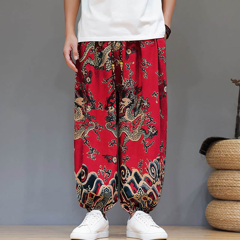Nimara Ritual Summer Dragon Drawstring Design Cotton Linen Men's Harem Pants With Pockets