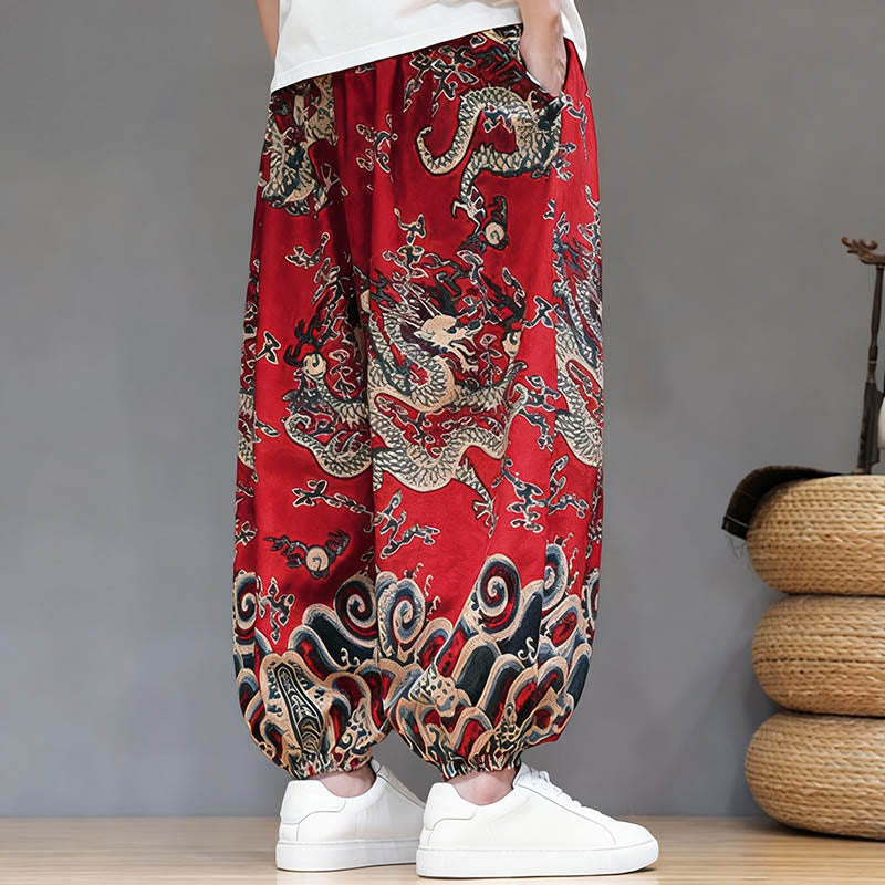 Nimara Ritual Summer Dragon Drawstring Design Cotton Linen Men's Harem Pants With Pockets