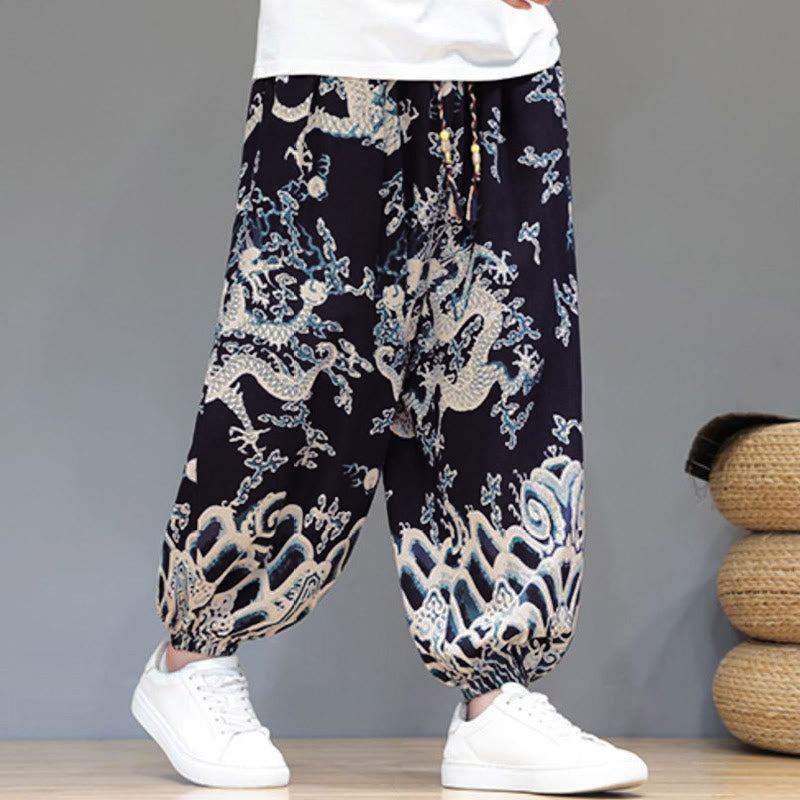 Nimara Ritual Summer Dragon Drawstring Design Cotton Linen Men's Harem Pants With Pockets