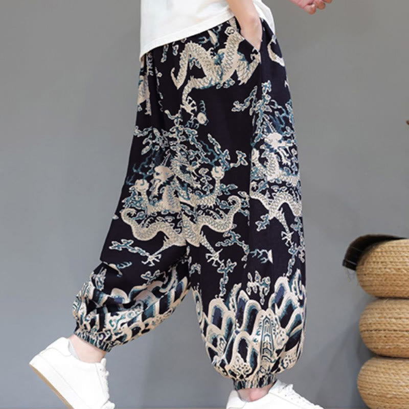 Nimara Ritual Summer Dragon Drawstring Design Cotton Linen Men's Harem Pants With Pockets
