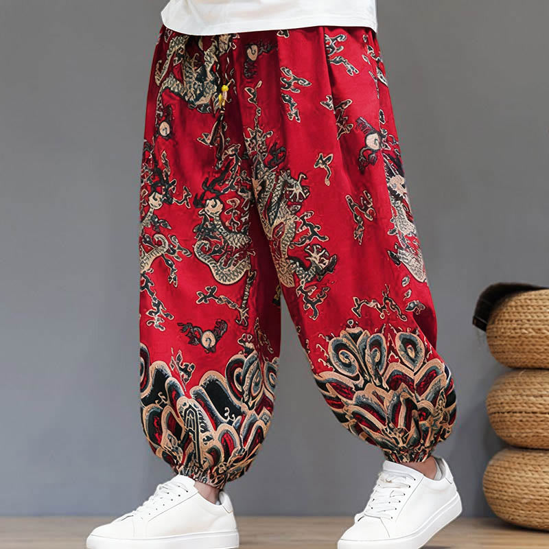Nimara Ritual Summer Dragon Drawstring Design Cotton Linen Men's Harem Pants With Pockets