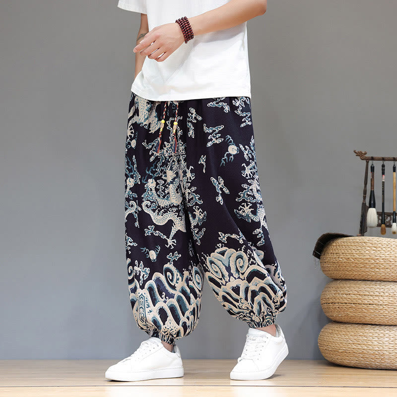 Nimara Ritual Summer Dragon Drawstring Design Cotton Linen Men's Harem Pants With Pockets