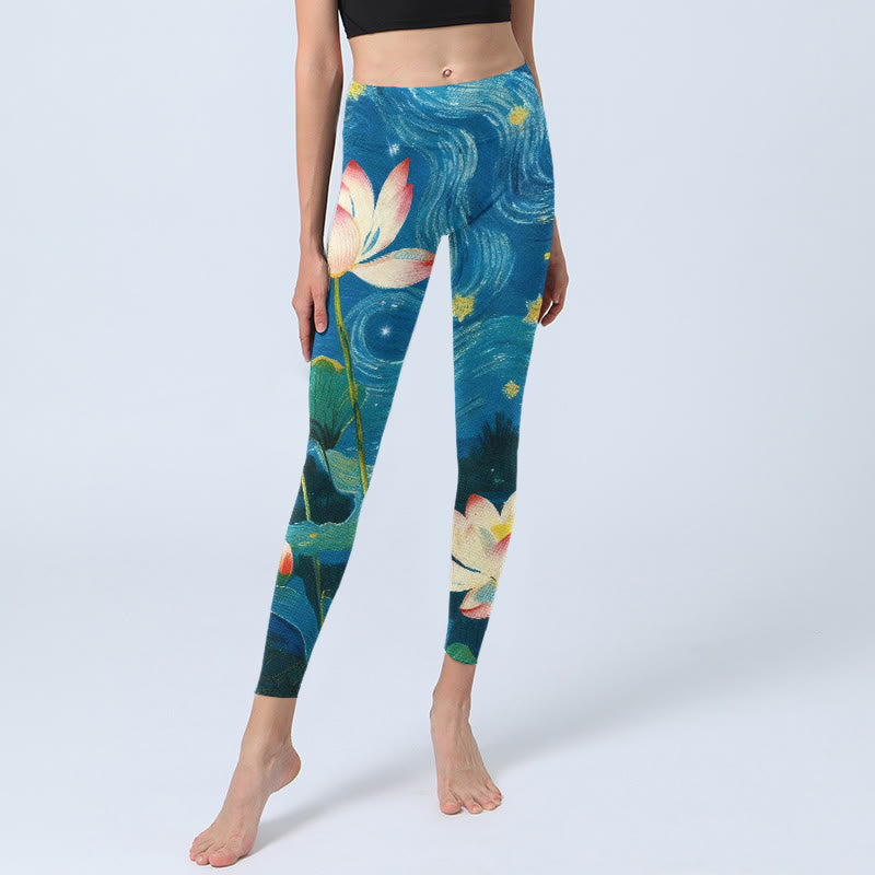 Nimara Ritual Lotus Flowers Starry Sky Pattern Print Gym Leggings Women's Yoga Pants