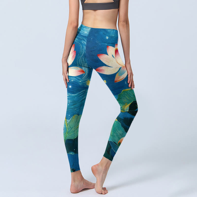 Nimara Ritual Lotus Flowers Starry Sky Pattern Print Gym Leggings Women's Yoga Pants