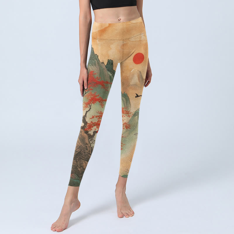 Nimara Ritual Mountains Trees Rising Sun Pattern Print Gym Leggings Women's Yoga Pants