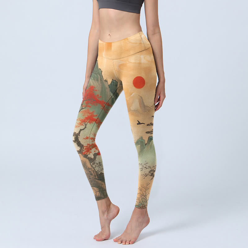 Nimara Ritual Mountains Trees Rising Sun Pattern Print Gym Leggings Women's Yoga Pants