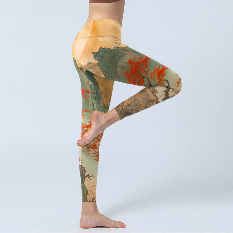 Nimara Ritual Mountains Trees Rising Sun Pattern Print Gym Leggings Women's Yoga Pants
