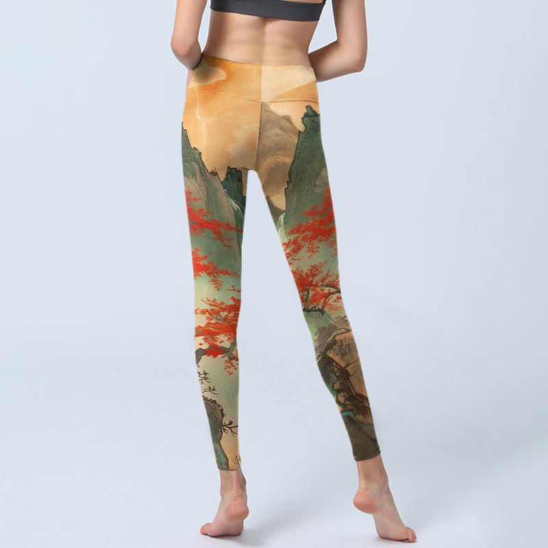 Nimara Ritual Mountains Trees Rising Sun Pattern Print Gym Leggings Women's Yoga Pants