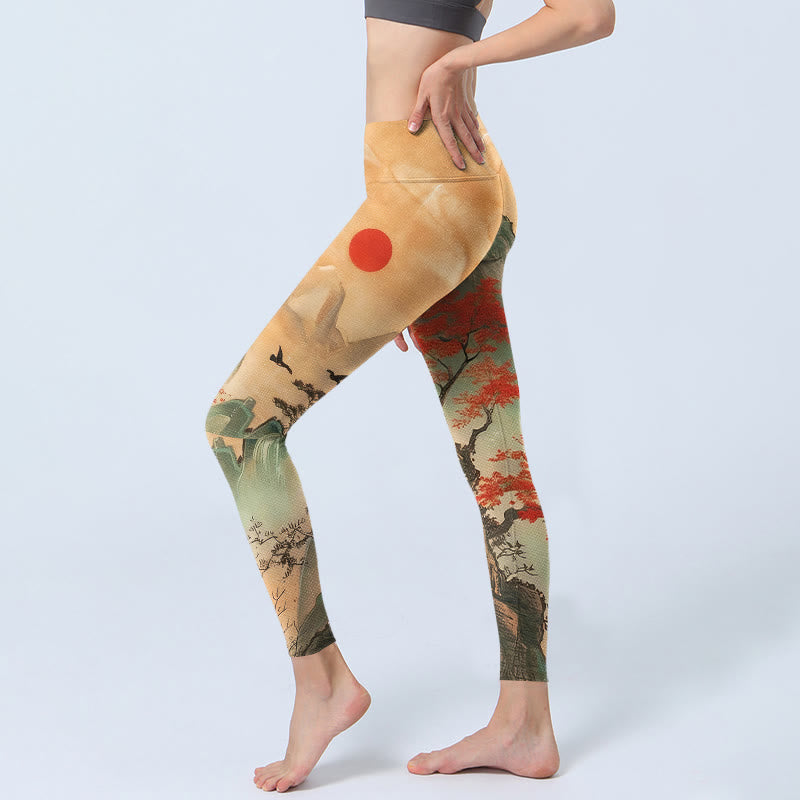 Nimara Ritual Mountains Trees Rising Sun Pattern Print Gym Leggings Women's Yoga Pants