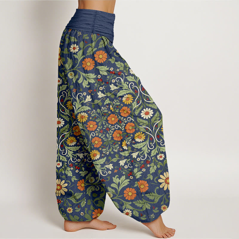 Nimara Ritual Pure Cotton Colorful Flowers Vines Women's Elastic Waist Harem Pants