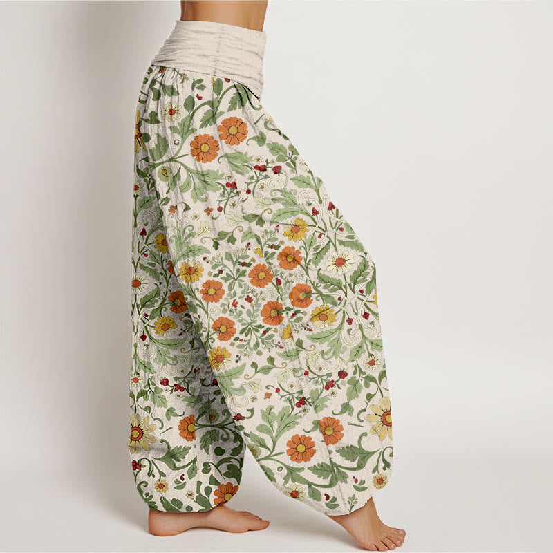 Nimara Ritual Pure Cotton Colorful Flowers Vines Women's Elastic Waist Harem Pants