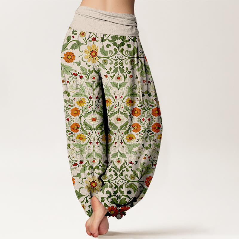 Nimara Ritual Pure Cotton Colorful Flowers Vines Women's Elastic Waist Harem Pants