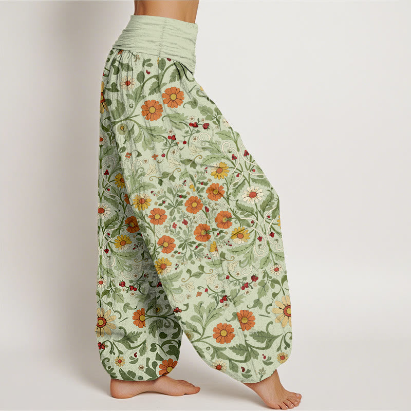 Nimara Ritual Pure Cotton Colorful Flowers Vines Women's Elastic Waist Harem Pants