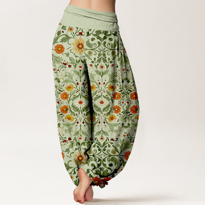 Nimara Ritual Pure Cotton Colorful Flowers Vines Women's Elastic Waist Harem Pants