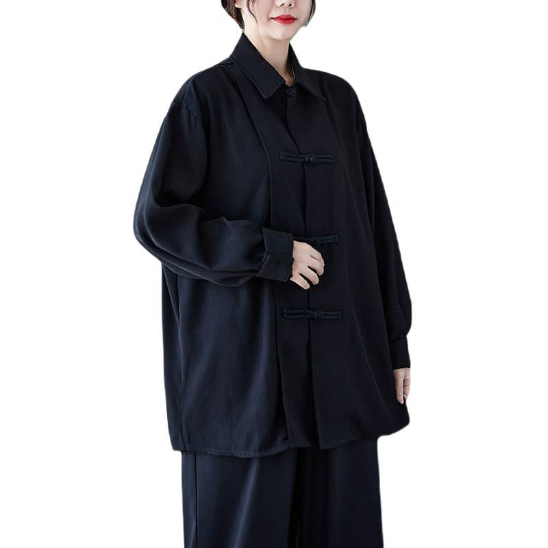 Nimara Ritual Black Plain Frog-Button Lapel Women's Cotton Long Sleeve Shirt