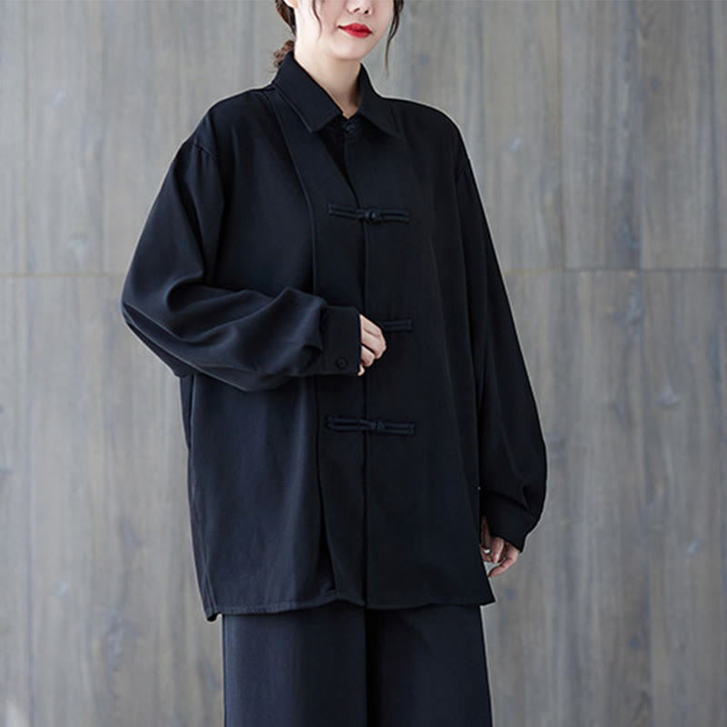 Nimara Ritual Black Plain Frog-Button Lapel Women's Cotton Long Sleeve Shirt