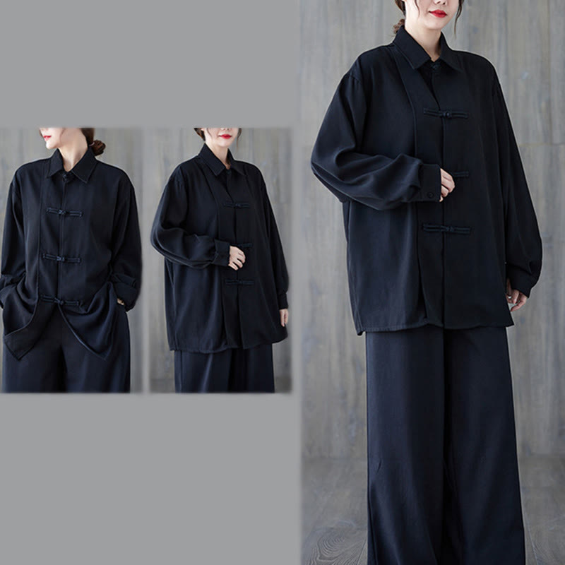 Nimara Ritual Black Plain Frog-Button Lapel Women's Cotton Long Sleeve Shirt