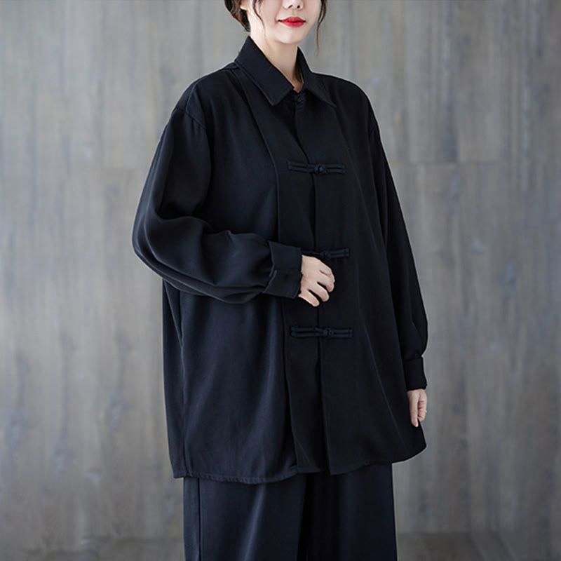 Nimara Ritual Black Plain Frog-Button Lapel Women's Cotton Long Sleeve Shirt
