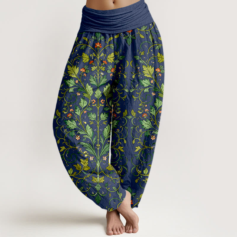 Nimara Ritual Pure Cotton Classical Symmetrical Plant Leaf Pattern Women's Elastic Waist Harem Pants