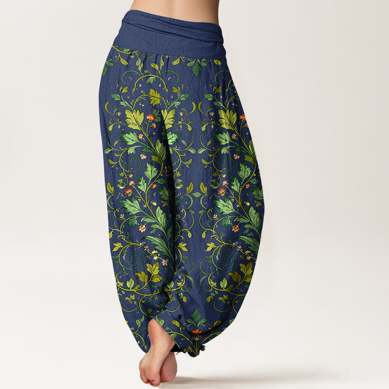 Nimara Ritual Pure Cotton Classical Symmetrical Plant Leaf Pattern Women's Elastic Waist Harem Pants