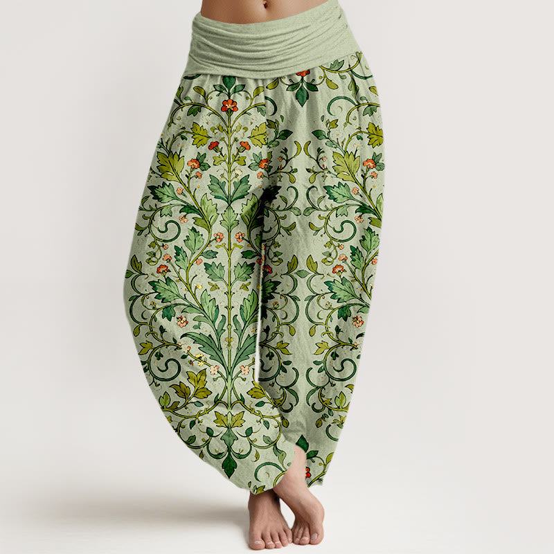 Nimara Ritual Pure Cotton Classical Symmetrical Plant Leaf Pattern Women's Elastic Waist Harem Pants