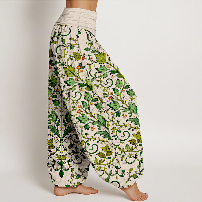 Nimara Ritual Pure Cotton Classical Symmetrical Plant Leaf Pattern Women's Elastic Waist Harem Pants
