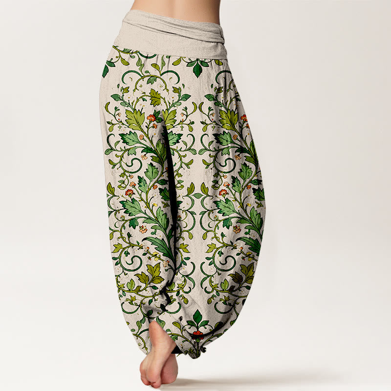 Nimara Ritual Pure Cotton Classical Symmetrical Plant Leaf Pattern Women's Elastic Waist Harem Pants