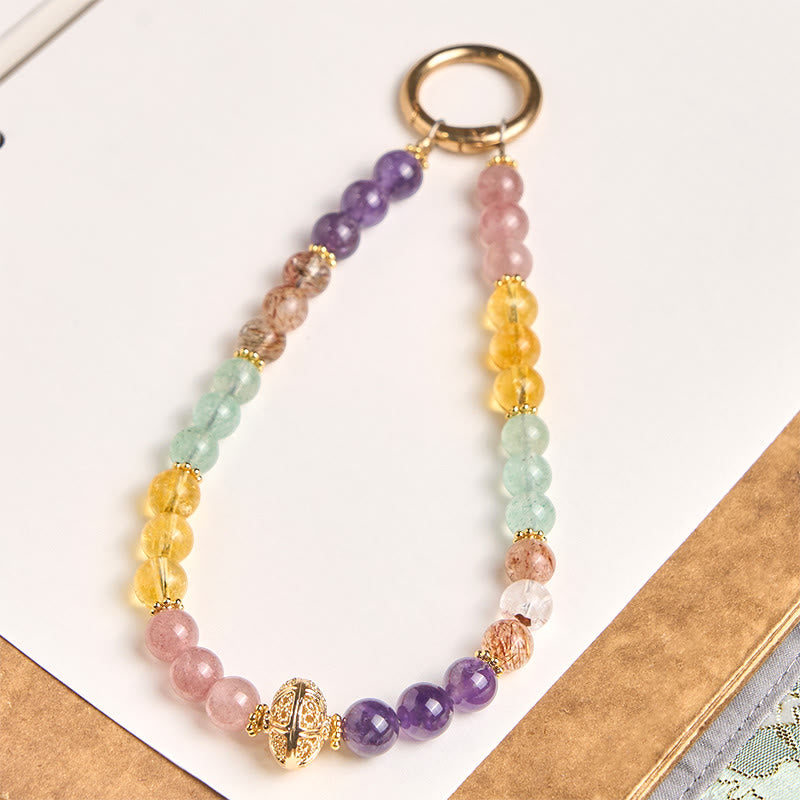 Nimara Ritual 8mm Multicolored Amethyst Strawberry Quartz Balance Key Chain Phone Hanging Decoration