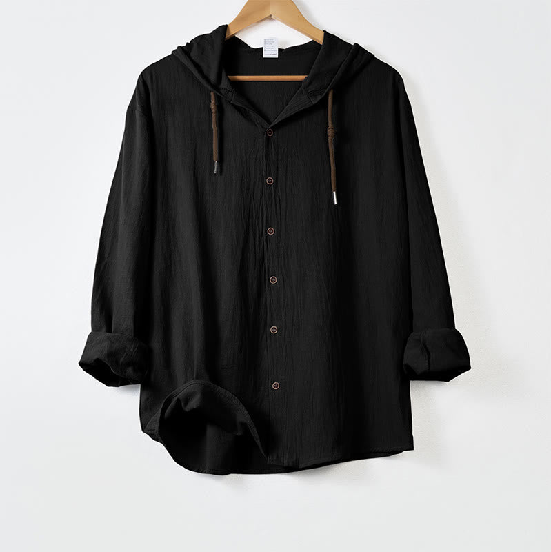Nimara Ritual Solid Color Long Sleeve Hooded Drawstring Buttons Men's Shirt