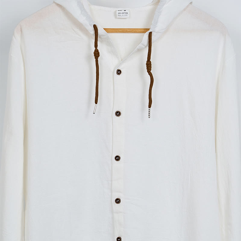Nimara Ritual Solid Color Long Sleeve Hooded Drawstring Buttons Men's Shirt