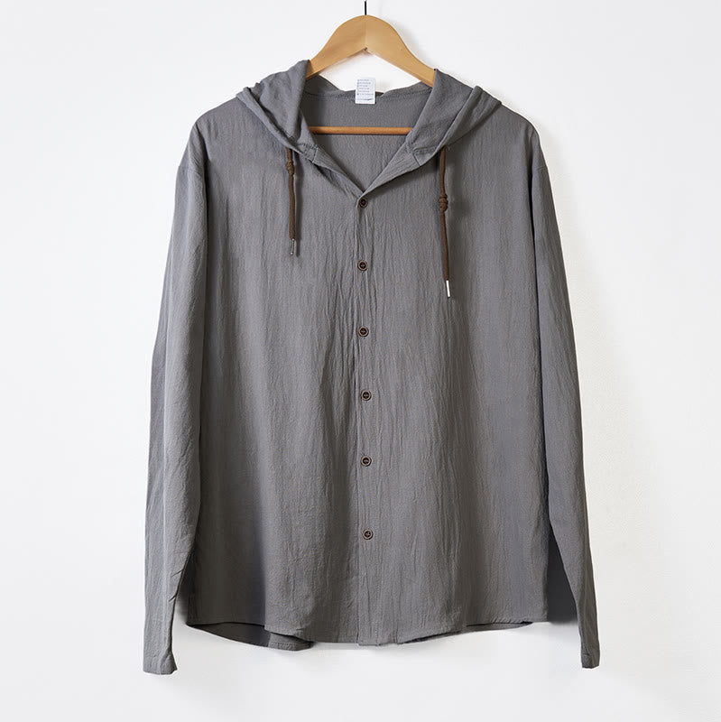 Nimara Ritual Solid Color Long Sleeve Hooded Drawstring Buttons Men's Shirt