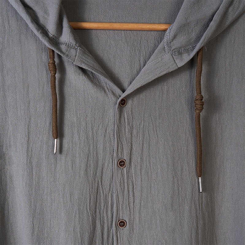 Nimara Ritual Solid Color Long Sleeve Hooded Drawstring Buttons Men's Shirt