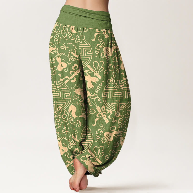 Nimara Ritual Pure Cotton Chinese Character Gourd Auspicious Pattern Women's Elastic Waist Harem Pants