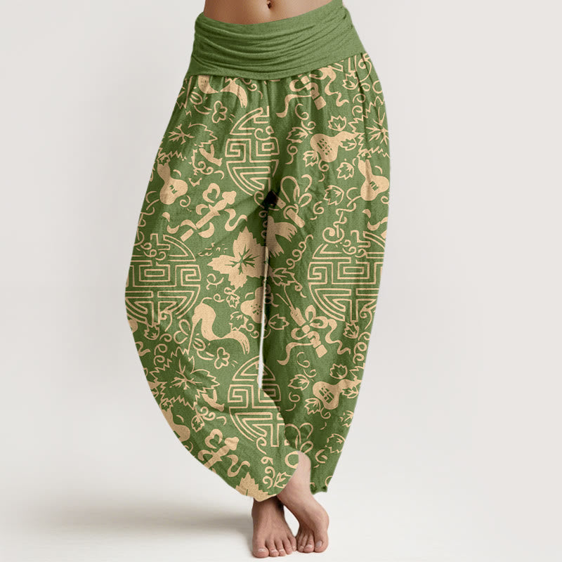 Nimara Ritual Pure Cotton Chinese Character Gourd Auspicious Pattern Women's Elastic Waist Harem Pants
