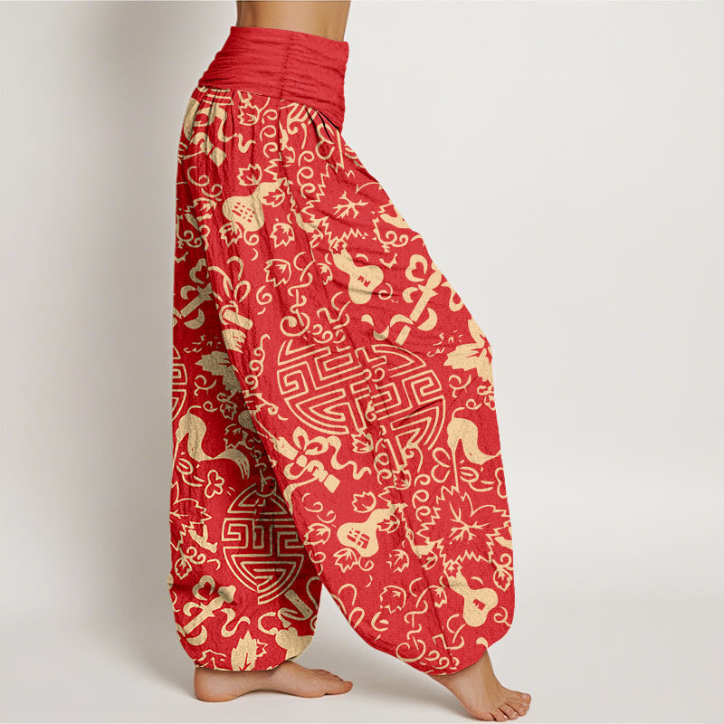 Nimara Ritual Pure Cotton Chinese Character Gourd Auspicious Pattern Women's Elastic Waist Harem Pants