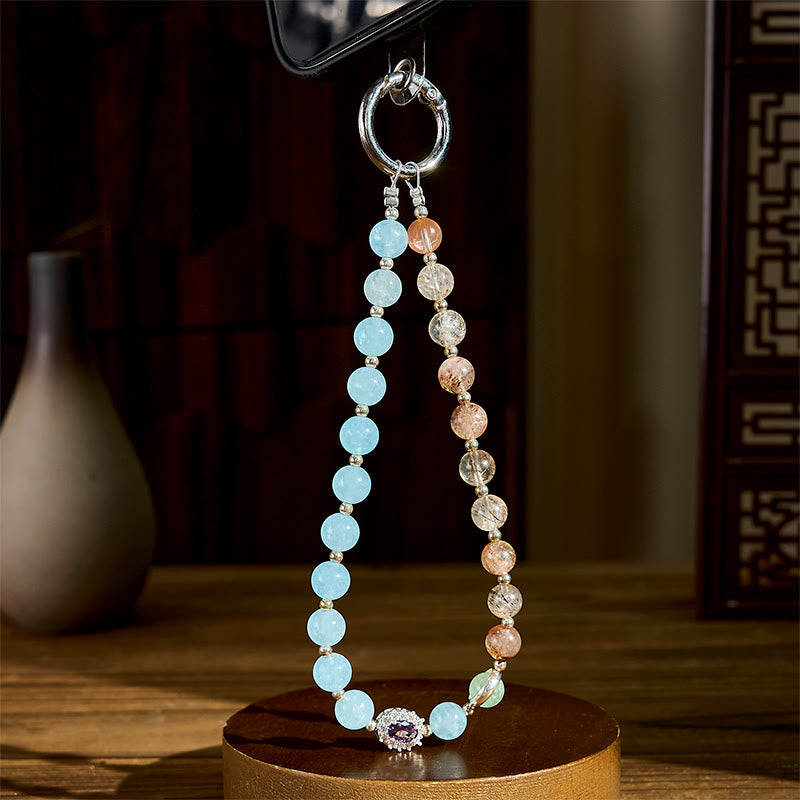 Nimara Ritual 8mm Blue Chalcedony Super Seven Crystal Energy Key Chain Phone Hanging Decoration
