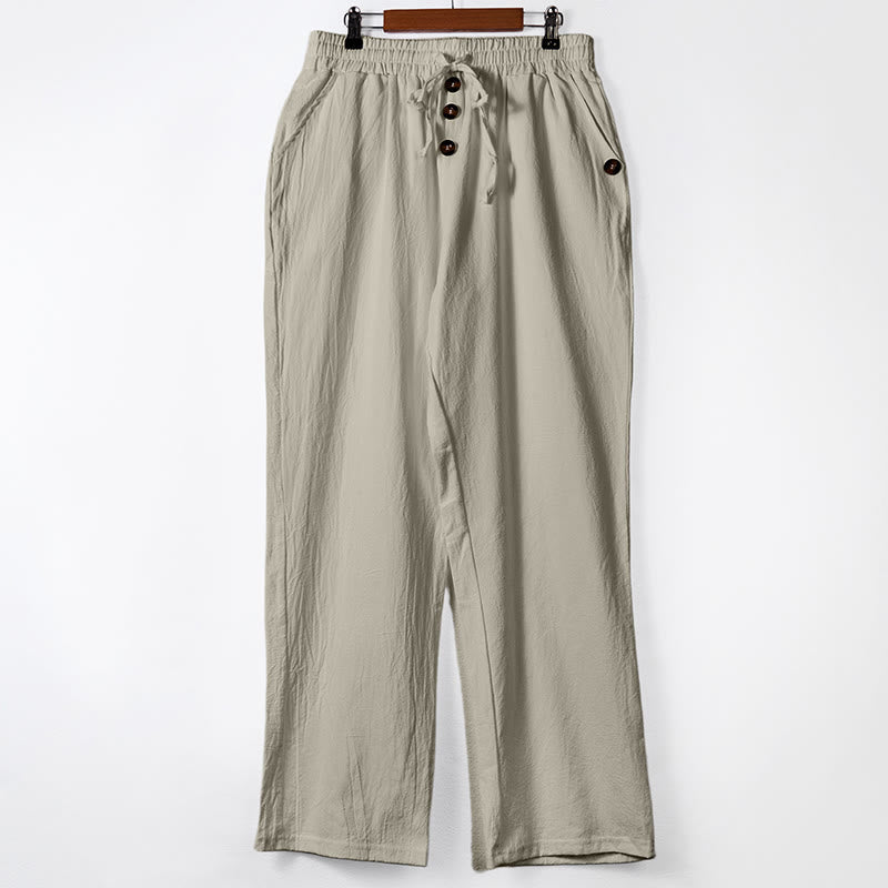 Nimara Ritual Solid Color Buttons Drawstring Men's Cotton Pants With Pockets