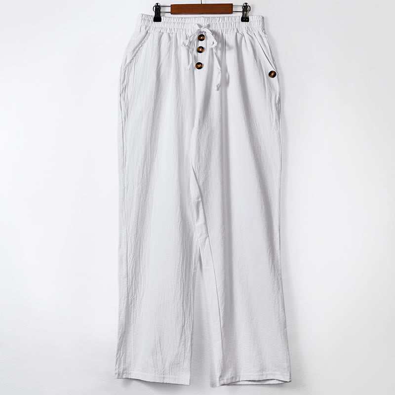 Nimara Ritual Solid Color Buttons Drawstring Men's Cotton Pants With Pockets