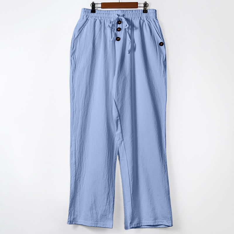 Nimara Ritual Solid Color Buttons Drawstring Men's Cotton Pants With Pockets